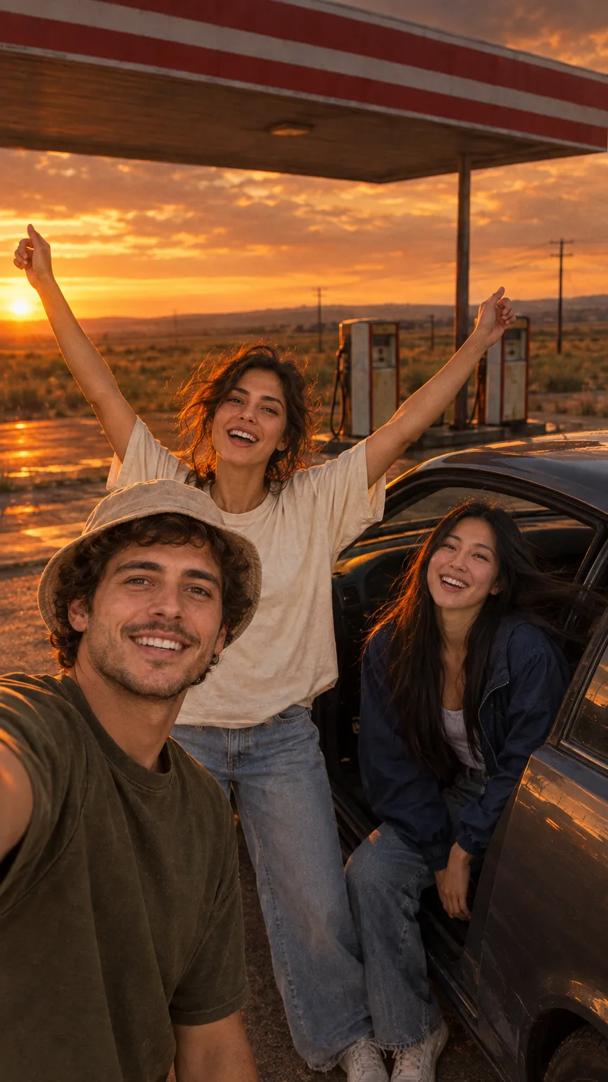 Three friends laugh, dance and take a selfie beside a car at a gas station at sunset.