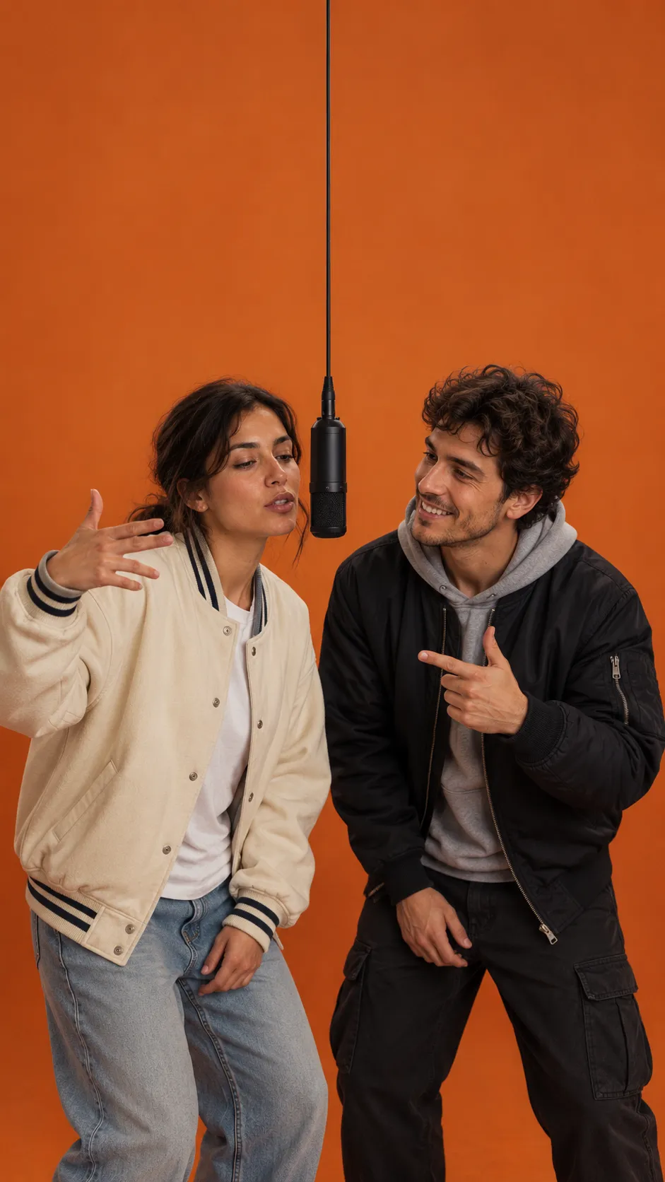 Two people perform a duet around one hanging microphone in an orange studio booth.