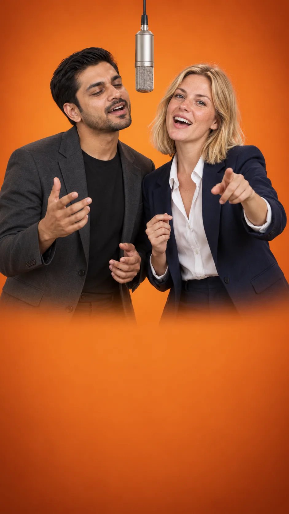 Zwei Menschen singen in einer orangen Studiokabine ein Duett an einem hängenden Mikrofon.