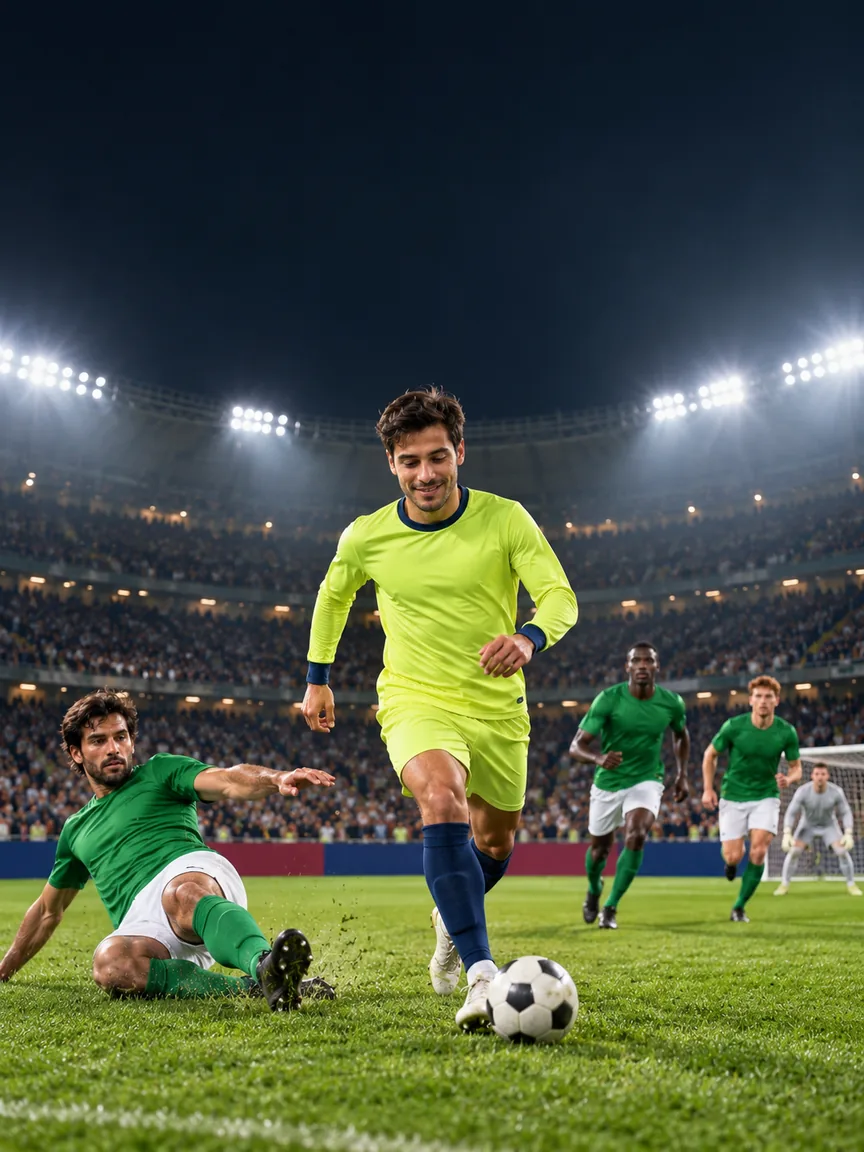 Ein Spieler in einem gelbgrünen Trikot läuft mit dem Ball unter dem Flutlicht des Stadions.