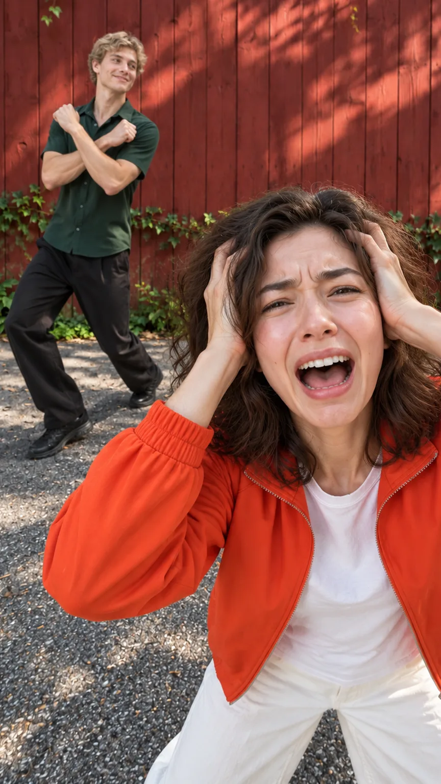 A woman in a red jacket clutches her head in a mock meltdown while her friend dances behind her in front of a red fence.