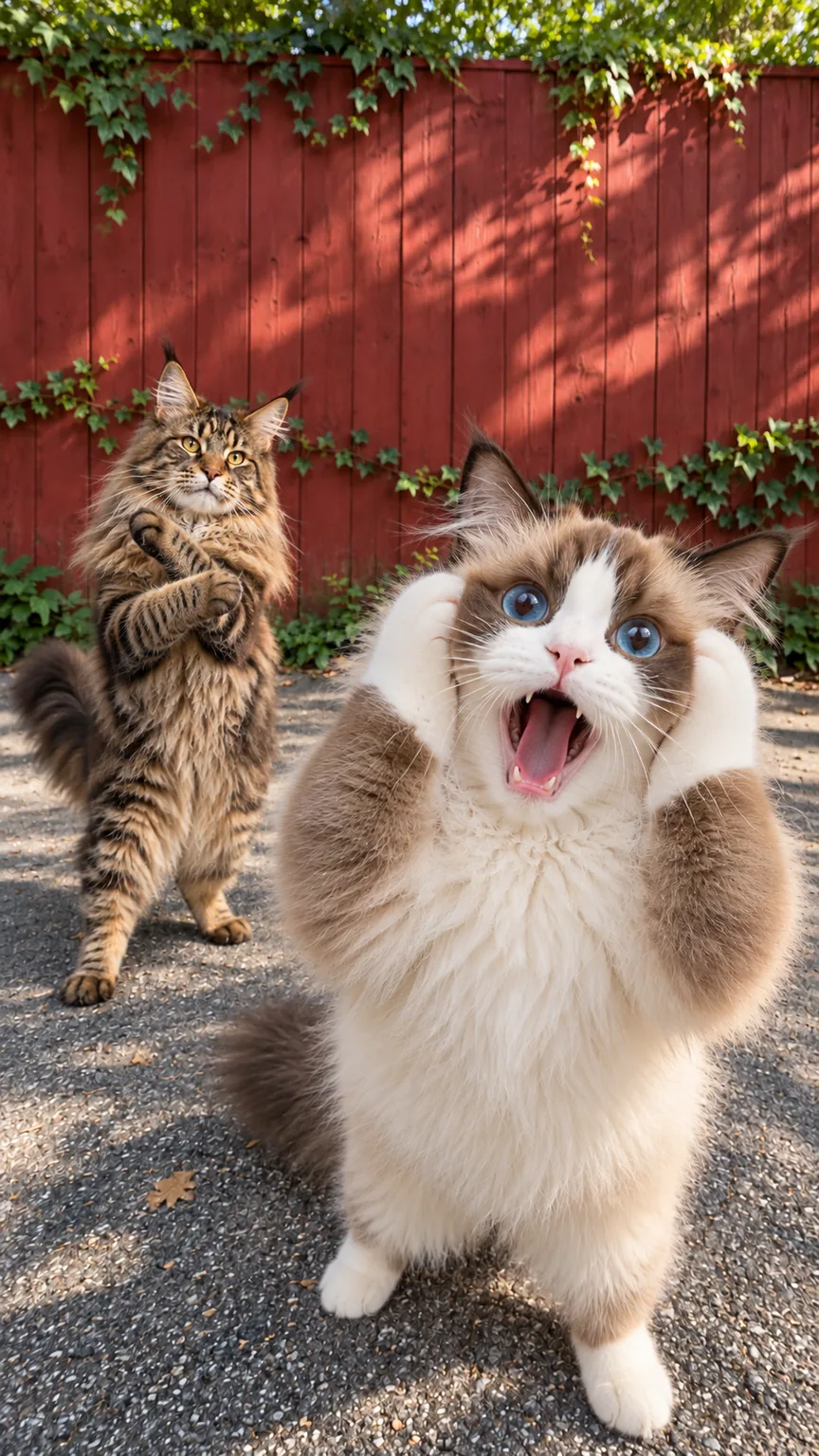 Un chat ragdoll se tient la tête dans un cri silencieux pendant qu’un Maine Coon danse sur ses pattes arrière derrière lui, devant une palissade rouge.