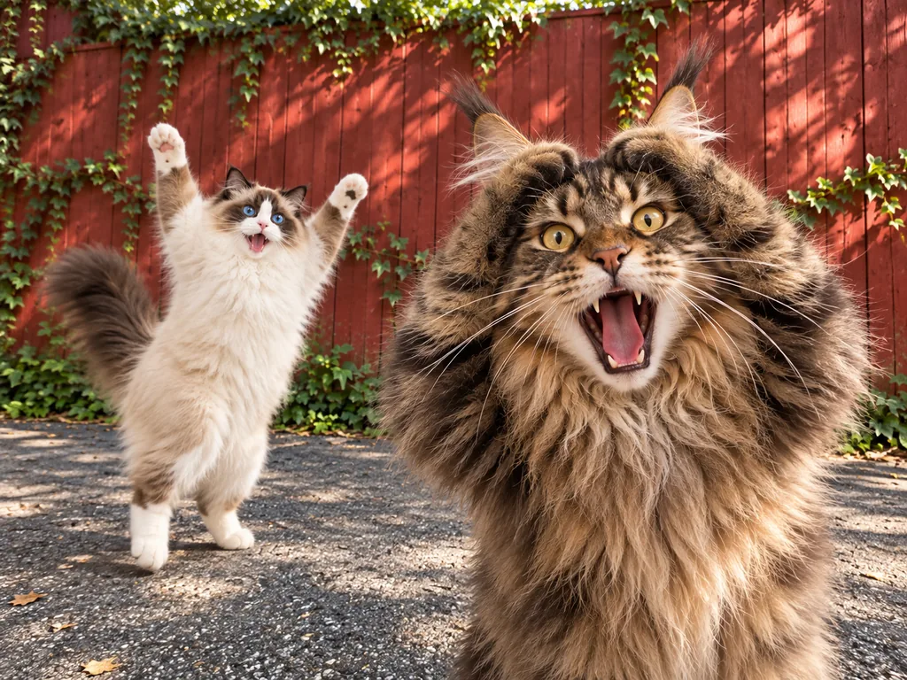 Um Maine Coon segura a cabeça em um grito mudo enquanto um gato ragdoll dança nas patas traseiras atrás dele, diante de uma cerca vermelha.