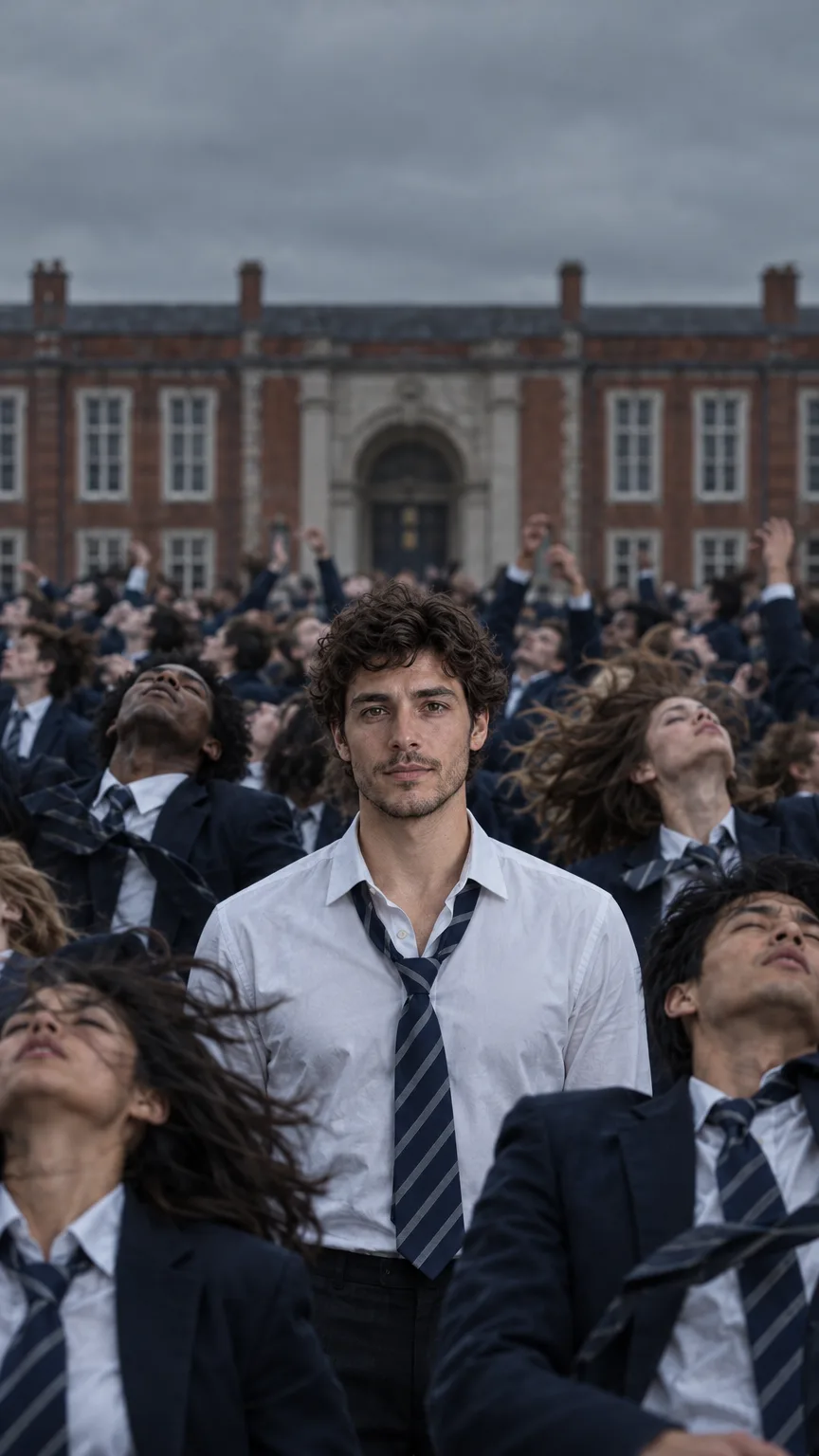 One person in a white shirt stands still in a crowd of dancers in navy uniforms.