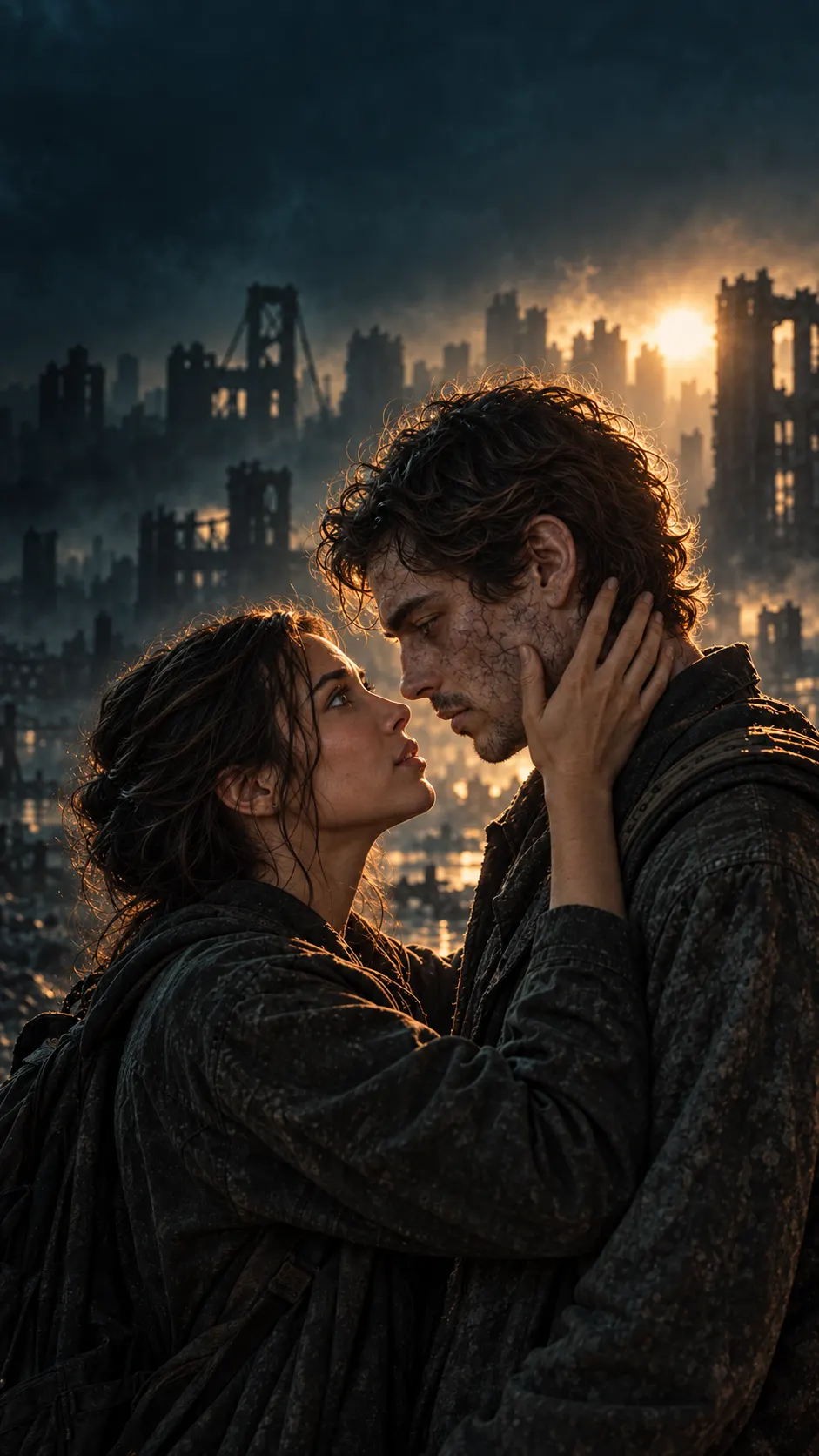 A survivor gently holds the face of an infected man in a ruined city at dusk.